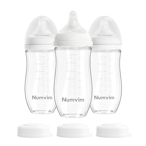 Numvim Glass Nurturing Baby Bottles for Breastfeeding Babies, Baby Essentials, Gentle Medium Flow, Wide Neck Bottle with Anti Colic Nipple for 3 Months Babies, 3 Packs (White, 8oz)