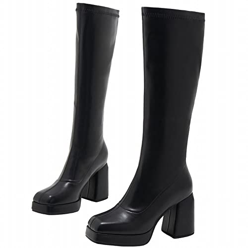 Jinfaxie Womens Platform Chunky High Heel Stretch Knee High Boots (8.5, Black) #TOP2