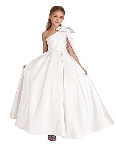 One Shoulder Flower Girl Dress Satin 2025 First Communion Dress Pageant Ball Gown with Bow