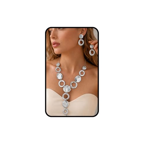 Mayvary Chunky Silver Gold Statement Necklace for Women, Long Geometric Hammered Circle Bib Pendant Necklace Large Adjustable Trendy Elegant Modern Fashion Jewelry Gift (Silver Y Set)