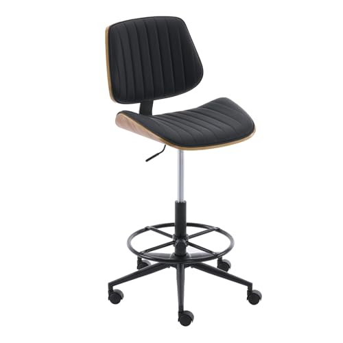 Image of Drafting Home Office Chair, Swivel Desk Chair with Bend Wood Backrest, Ergonomic Office Chairs with Adjustable Height and Footrest Ring for Bar Lab Counter Height Desk and Drawing (Blcak)
