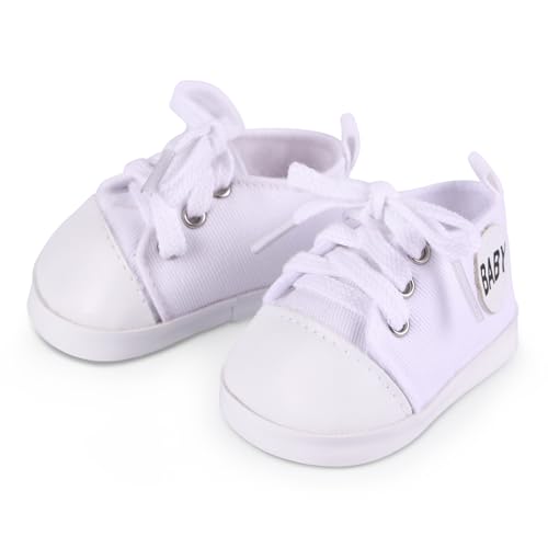 BABESIDE Reborn Baby Doll Shoes, 17-22 Inch Baby Doll Accessories Doll Canvas Shoes with Laces for Realistic Babydolls Girls & Boys, White with Letter Pattern