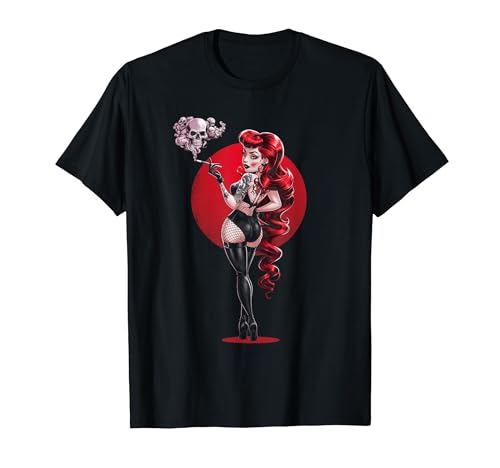 Sexy Horror Pinup Goth Girl mit Totenkopf Psychobilly Punk Art T-Shirt