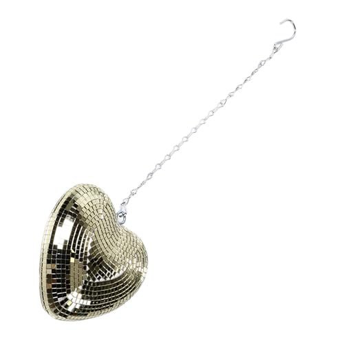 Bola espejada en forma de corazón, decoración brillante y reflectante con gancho y cadena para fiestas, bodas y eventos, material espuma con baldosas de vidrio espejado, 52 cm de largo (oro champán) miniatura 3
