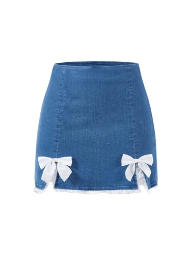 Milumia Women's Bow Lace Trim Denim Mini Skirt Y2k Split Hem Short Jean Skirts