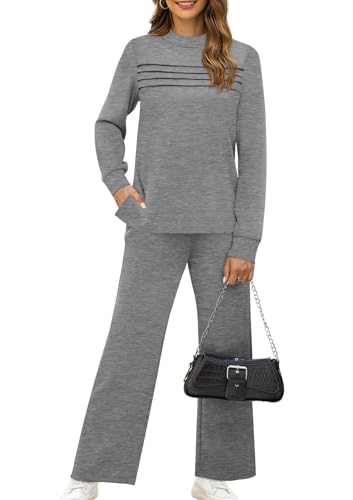 Image of WIHOLL Two Piece Sets for Women Fall Travel Vacation Outfits 2026 Long Sleeve Lounge Sets Side Slit Wide Leg Pants XS-3XL