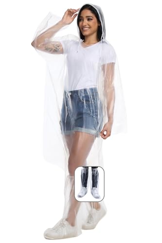 BATHRINS Disposable Rain Ponchos For Adults - 3 Emergency Clear Ponchos With Hoods And 3 Pairs Of Waterproof Boot Covers