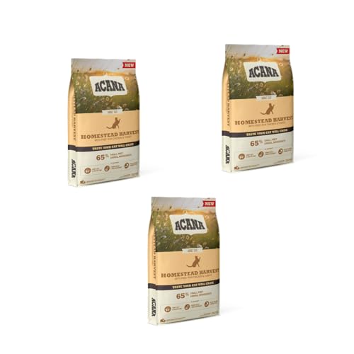 Acana Homestead Harvest | Pack de 3 | 3 x 340 g | Alimento seco para gatos adultos | Contiene pollo, pavo y pato en toda la proporción de botines de aves de corral | Con hueso