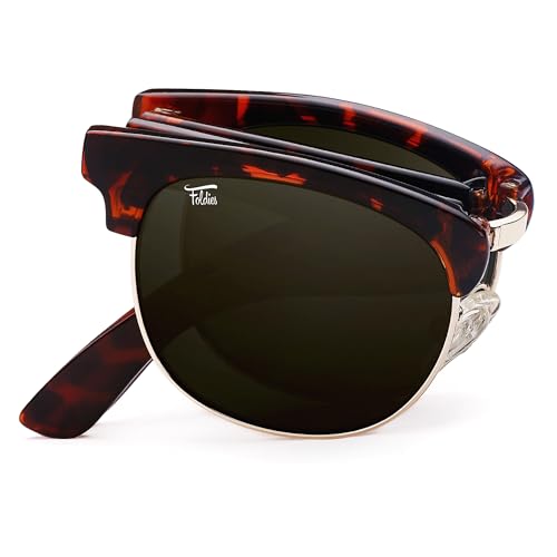 Browline Folding Sunglasses Polarized, UV400, UVA, UVB Protection for Men Women, Folding Sunglasses Leather Case