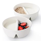 LUFILUFI Anti-Soggy Cereal Bowl Set, 6.7-Inch Divided Ceramic Bowls, Anti-Soggy Design for Cereal & Milk, Chip & Dip, Versatile Serving Plates for Soup, Sandwich, Bowls Set of 2, 6.7 Inch, White