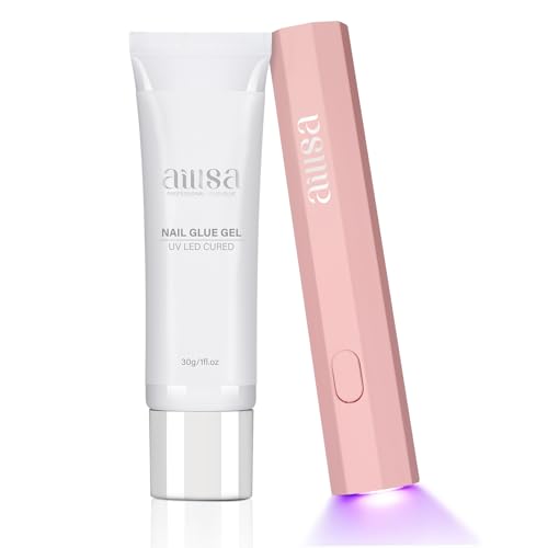 AILLSA Solid Nail Glue Gel 30g with Pink Mini UV Lamp