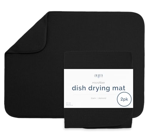 S&T INC. Dish Drying Mat XL 2 Pack, 18” x 24”, Absorbent Microfiber Kitchen Counter Mat, Dish Drying Pad for Dishes, Utensils, Pots and Pans, Extra Large, Black