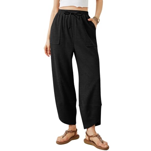 Barrel Pants Women Cotton Baggy Elastic Waist Loose Fit Cropped Palazzo Trousers Casual Lightweight Comfy Travel Outfits
