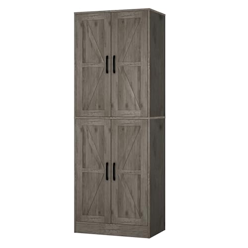 Image of IANUE Farmhouse Storage Cabinet - Pantry Cabinet with 4 Doors, Tall Kitchen Pantry with Adjustable Shelves, Organizer, Black Storage Cupboard for Kitchen Dining Room Bathroom(Wood)