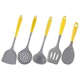 Cabilock Juego de Utensilios de Cocina de Silicona 5 Piezas Incluye Cuchara Sopera Colador Espátula y Paleta para Arroz Resistentes al Calor Mango Antideslizante Apto para Uso Hogar