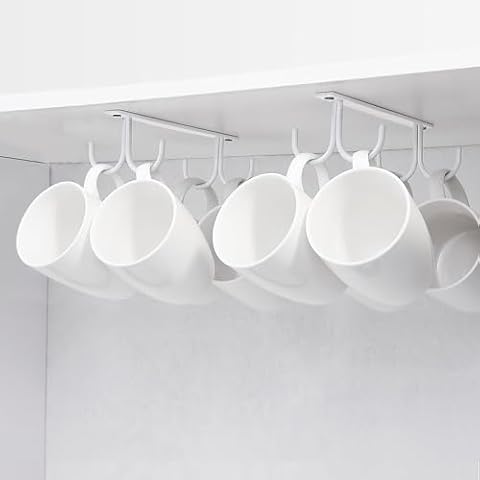 FOMANSH Mug Rack Under Cabinet - Coffee Cup Holder, 8 Mugs Hooks Under Shelf, Display Hanging Cups Drying Hook for Bar Kitchen Utensils White, 2 Pack Cover