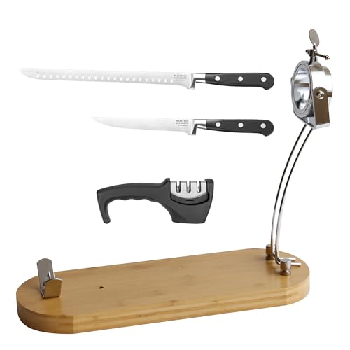 Set Jamonero Profesional Premium - Soporte Jamonero de Bambú Giratorio + Cuchillo Jamonero 25 cm con Alvéolos + Cuchillo Deshuesador + Afilador 3 Ranuras | Maestros del Corte by Cuperinox