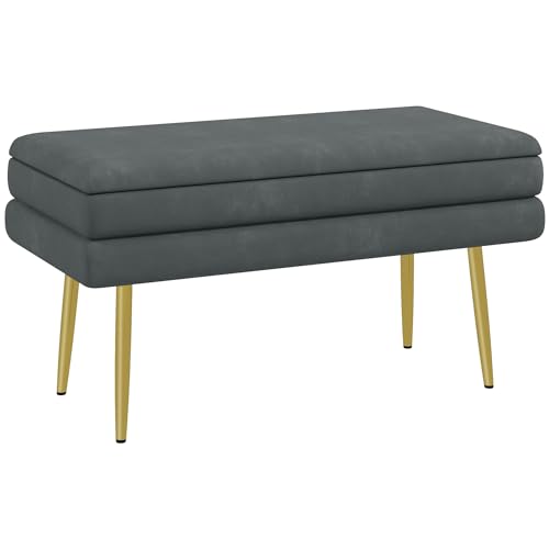HOMCOM Puff Almacenaje 30L, Banco Almacenaje con Tapa Abatible y Patas de Acero, Tapizado en Terciopelo, Pie de Cama, para Dormitorio, Salón, Entrada, Carga 120 kg, 79,5x37,5x43 cm, Gris Oscuro