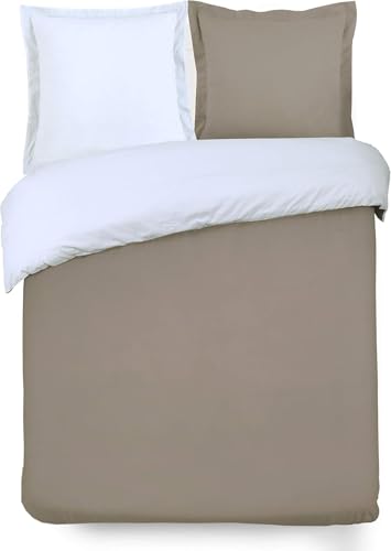 VISION Parure de couette 100% coton - 1 housse de couette 220x240 cm REVERSIBLE + 2 taies 65x65 cm taupe et blanc