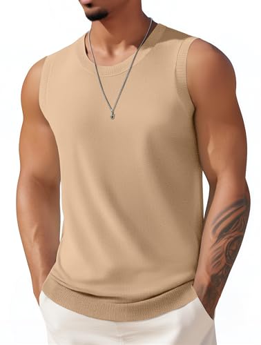 COOFANDY Mens Sleeveless Knitted Top Casual Muscle Tank Tops Summer Beach Tank Shirts, Light Brown, X-Large