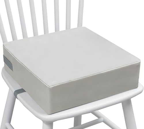 Image of Eiury Booster Seat for Kitchen Chair, Toddler Booster Seat for Dining Table, Waterproof PU Leather Kids Seat Cushion with Adjustable Straps, Non-Slip Bottom, Wipeable Seat Pad,Light Gray