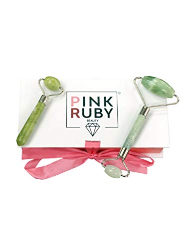 Pink Ruby Beauty Double Jade Roller Anti Aging Facial Massager | Skincare Therapy For Healthy & Radiant Skin | Helps Reduce Puffiness & Fine Lines | 100% Natural & Genuine Jade Stone Face Roller
