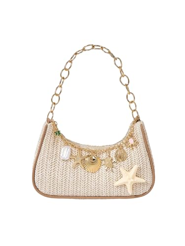 MakeMeChic Womens Straw Beach Purse Seashell Beaded Shoulder Handbags Summer Vacation Bags Multicolor Starfish One Size