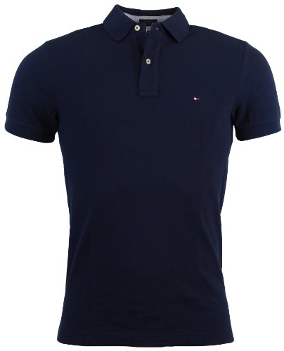 Tommy Hilfiger Mens Custom Fit Solid Color Polo Shirt, Navy, Large