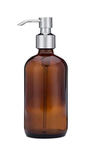 Rail19 Market Amber Glass Soap Dispenser with Metal Pump - Liquid Hand Soap & Lotion for Kitchen and Bathroom, 16oz (Cali Chrome)