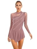 Shinsto Women's Glitter Rhinestone Sheer Mesh Patchwork Long Sleeve Figure Skating Dance Leotard Dress Dusty Pink Medium