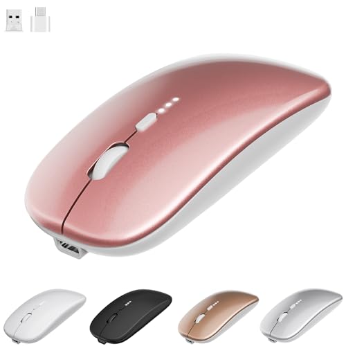 Image of QIJIAYI Slim Rechargeable Wireless Silent Mouse - 2.4G Wireless & Bluetooth Technology - Flexible Connection Modes via Bluetooth, USB or Type C for Laptop /PC /Mac /iPad /Computer (Rose Gold)