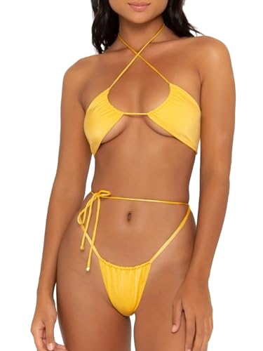 Conjunto de bikini descarado para mujer, tanga cabestro de color sólido, ajustable, cadena de dos piezas, traje de baño brasileño triángulo, Amarillo, Large