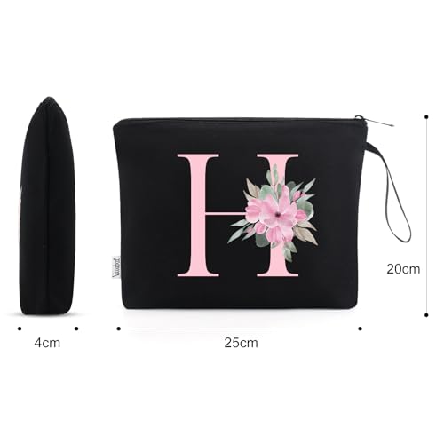 Image of Vavabox A-Z Personalized Makeup Bag, Birthday Gifts for Women Mom, Gifts for Best Friend, Bride Bridesmaid Cosmetic bag (H, 02-Black)