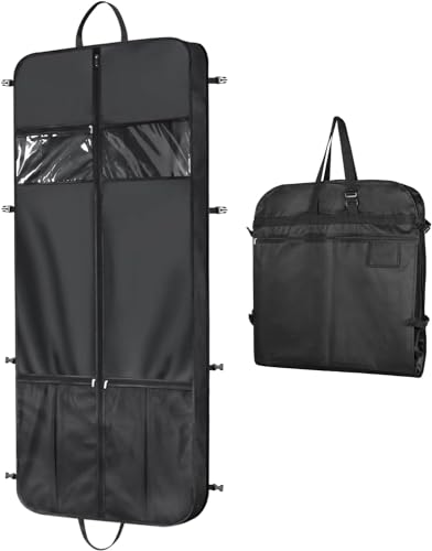 Univivi Long Dress Bag, 60 inch Dress Cover with 5 Zip Pockets and PVC Transparent Window, Waterproof Foldable Garment Bag for Women for Travel with Adjustable Handles, for Wedding and Feast, Black