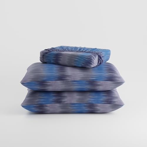 Image of BLISSHOME Everlast 150TC King Size Fitted Bedsheet with 2 Pillow Covers, Aesthetic Bedding, Wrinkle Resistant, 100+ Wash Durable, Quick Dry, Geometric Pattern - Blue (183cm x 198cm + 25cm Drop)