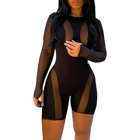 magorange Women Sexy Mesh See Through Jumpsuits Long Sleeve Patchwork Shorts Bodycon Romper Club Outfits Cover