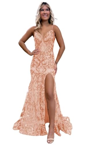 Image of RSOETOO Sparkly Sequin Prom Dresses 2026 with Slit Lace Mermaid Formal Evening Gowns for Women RON058