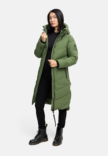 MARIKOO Damen langer Wintermantel warmer Steppmantel mit verstellbarer Kapuze Benikoo Pine Olive Gr. M