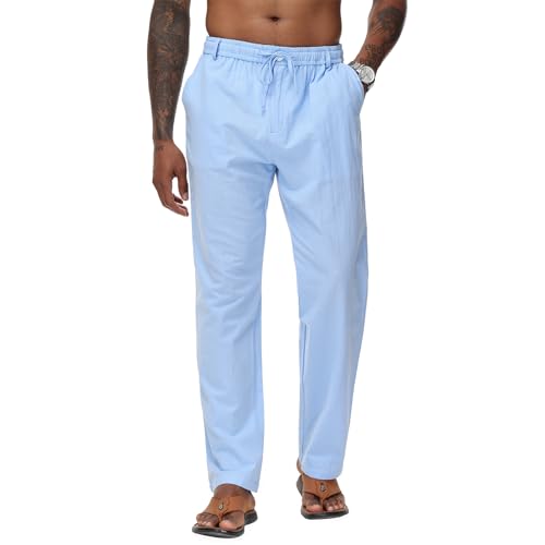 Durio Mens Casual Linen Pants Elastic Waist Lightweight Linen Beach Pants Straight Leg Casual Pants Summer Beach Yoga, Blue, XX-Large