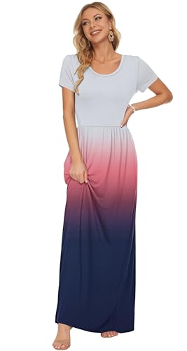 Image of AUSELILY Women's Classic Short Sleeve Loose Plain Casual Long Maxi Dresses | Year Round wear solid floral print, Casual wear, Empire waist, Floor-length, Side pockets, Short Sleeve