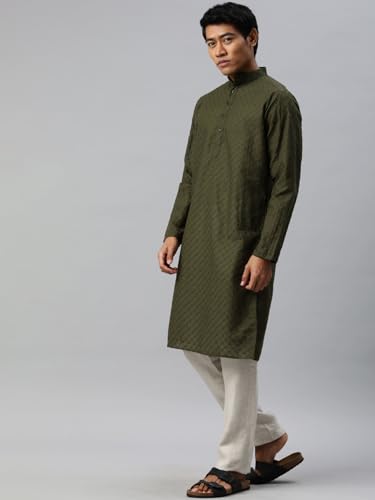 Image of Majestic Man Men's Cotton Blend Regular Fit Casual Polyester Mandarin Collar Ethnic Motifs Embroidered Long Regular Kurta