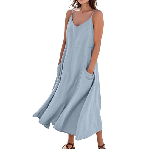 Sommerkleid Damen Boho Lang A Linie Trägerkleid Damen Sommer Maxi Blumen V Ausschnitt Sommerkleider Leicht Und Luftig Strandkleid Lang Baumwolle...
