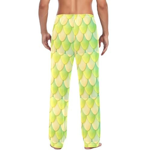 Men's Green Dragon Scales Pajama Pants with Pockets - Straight Fit Cotton Sleep Bottoms for Lounge & Nightwear#8293