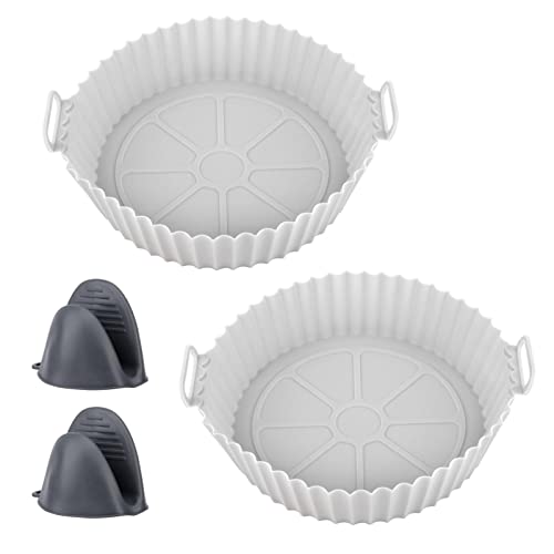 WANAONE Olla de silicona para freidora de aire, alfombrilla de silicona para freidora de aire con 2 mini guantes de horno de silicona, 2 pares de alfombrillas reutilizables antiadherentes Cover
