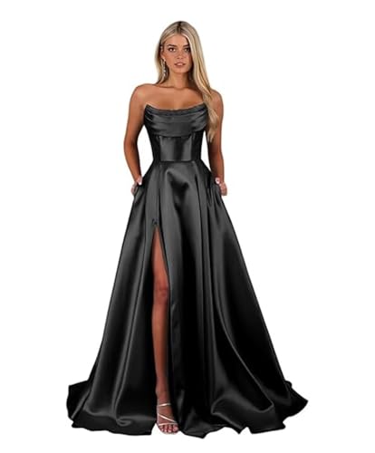 Sincemeet Damen Trägerloses Satin-Abschlussballkleid mit Schlitz Schwarz Lange Abendkleider Cocktailkleid Ballkleider Abendkleider Elegante für...