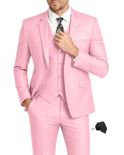 Mens 3 Piece Suit Set Slim Fit Dress Suits Set with 2 Button Tux Blazer Jacket Vest Pants & Tie for Party Wedding Business Pink XS
