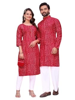 Bandhani Foil Print Couple Combo | Men’s Kurta & Women’s Kurti (Only) | Matching Ethnic Wear Set for Couples (IN, Alpha, M, MEN -2XL/ WOMEN - S, Red)-image-33