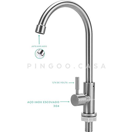 Pingoo.Casa, Torneira para Cozinha, Aço Inox 304, Escovado, Aporé, Prata