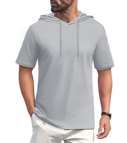 EKLENTSON Men's Short Sleeve Hooded T-Shirts Lightweight Athletic Hoodies Casual Stylish Cotton Gym Tops Light Grey,S