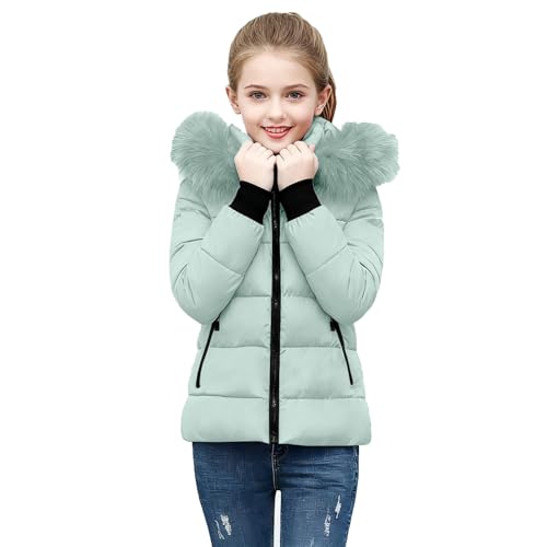 Slxbear Mint Green Winter Puffer Coats for Kids Quilted Thicken Warm Ski Jacket Faux Fur Lined Hooded Comfy Down Jackets Windproof Hooded Fleece Lined Jacket with Pockets 7-8 Years - Image 2